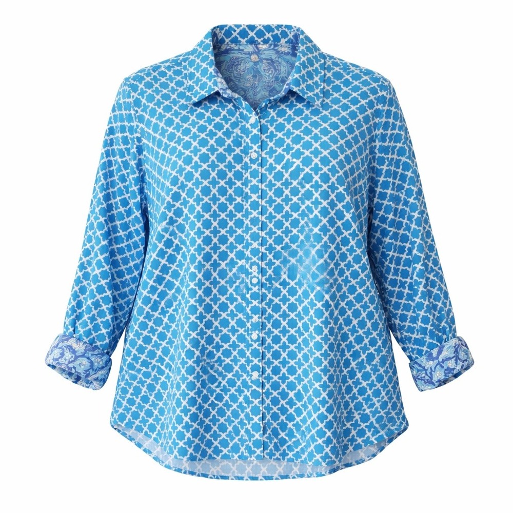 Ruby Rd. Woman 20W Blue White Geometric Button Up Shirt Office Wrinkle-resistant